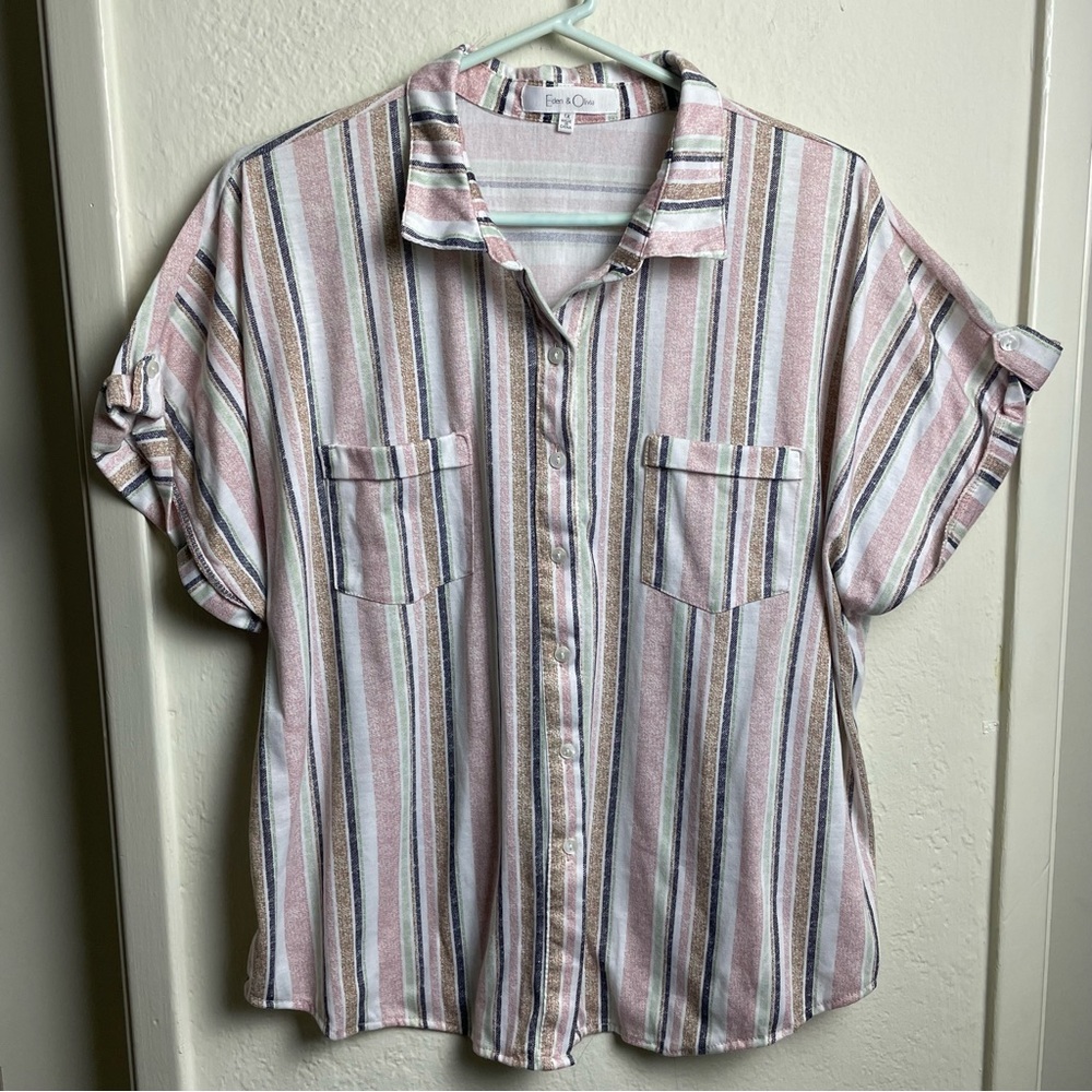 Eden and Olivia Button Up Women’s Plus Size 1X Multicolored Striped Blouse Top